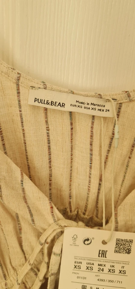 Pull & Bear Linen Style Strappy Summer Top Size XS Beige Cream Striped  - Image 2 of 4
