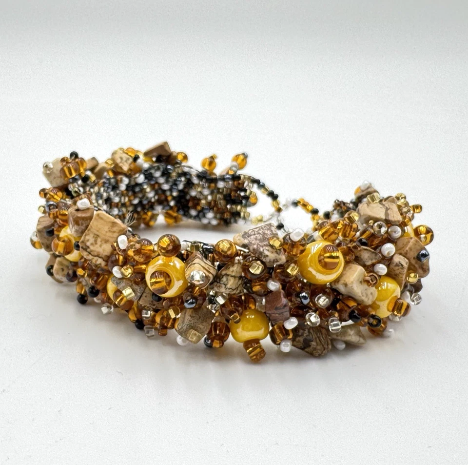 Brazalete tejido ámbar dorado con cuentas de vidrio astillado piedra boho ajustable 6,5" Foto 4 de 4