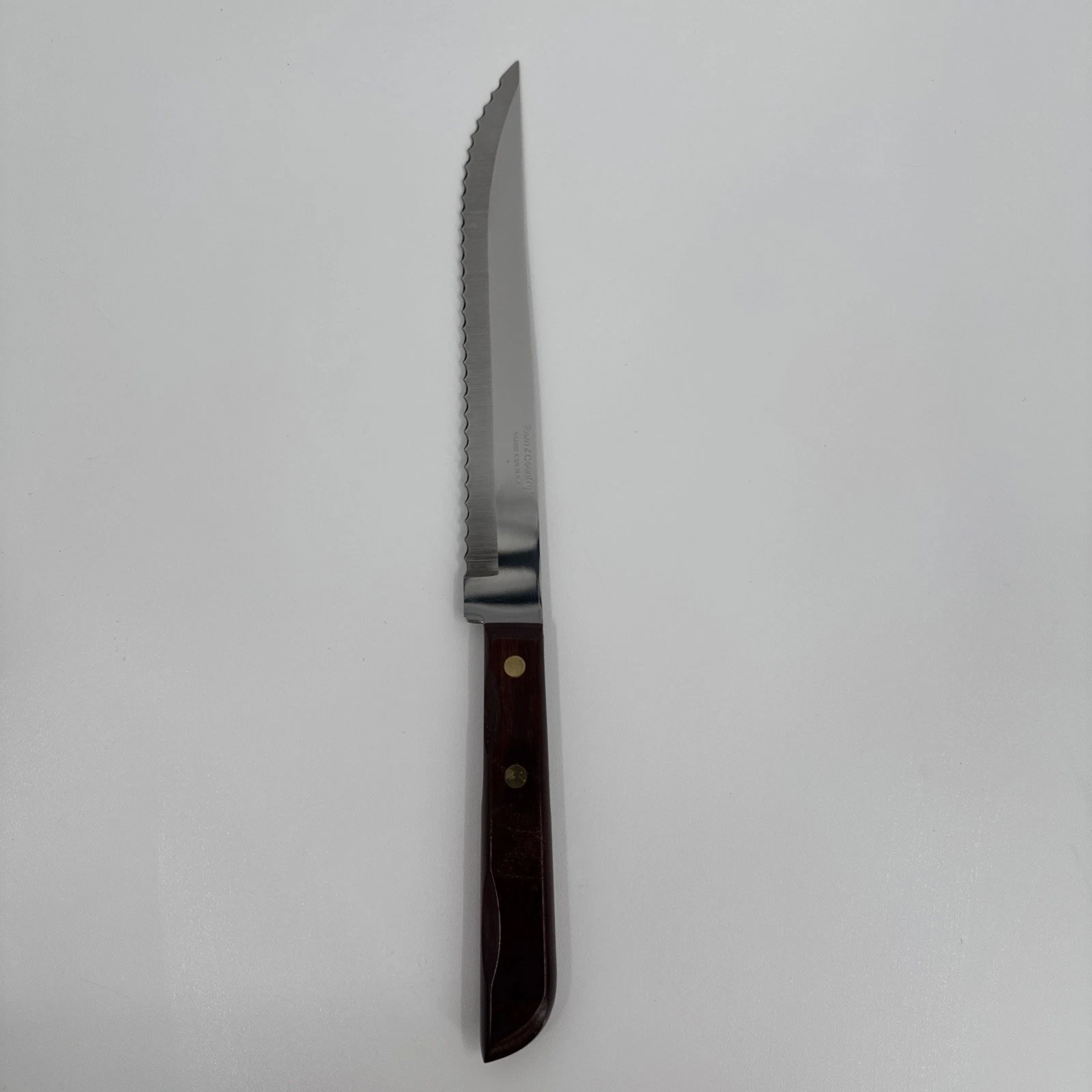 Washington Forge Stainless USA 13” Knife 8” Blade Serrated EUC Vintage Wood