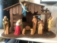 11 PC Vtg ITALY Wooden MUSICAL CRECHE NATIVITY FIGURES Xmas Stable 12" LARGE