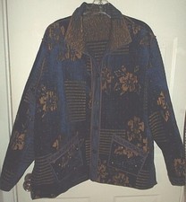 Yak Magik Nepal Sz L Navy Blue & Gold Reversible Chenille Silk Jacket Button-up