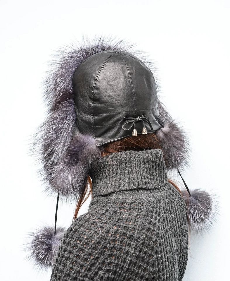 Эксклюзивный Saga меха Серебряный лисий мех, черная кожа женщин авиатор меховая шляпа - Изображение 3 из 4