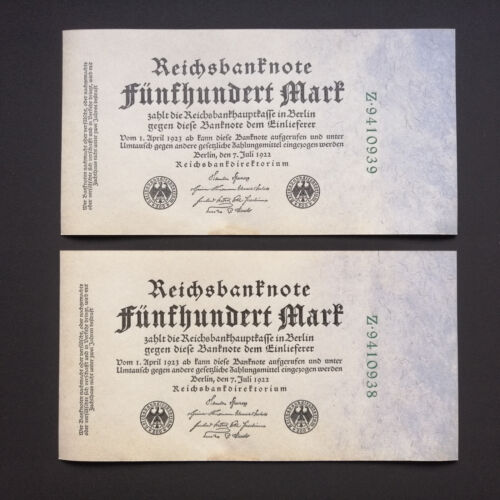 GERMANY LOT 2 X 500 MARK 1922 P-74b UNC