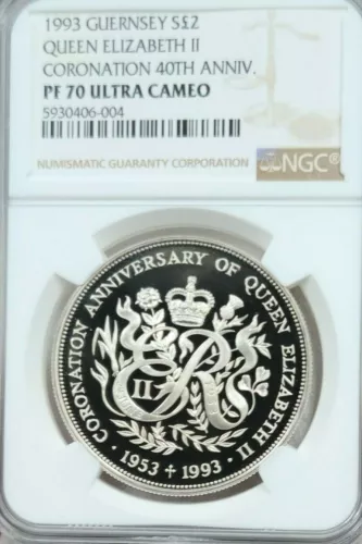1993 GUERNSEY SILVER 2 POUNDS CORONATION 40TH ANNIV NGC PF 70 ULTRA CAMEO