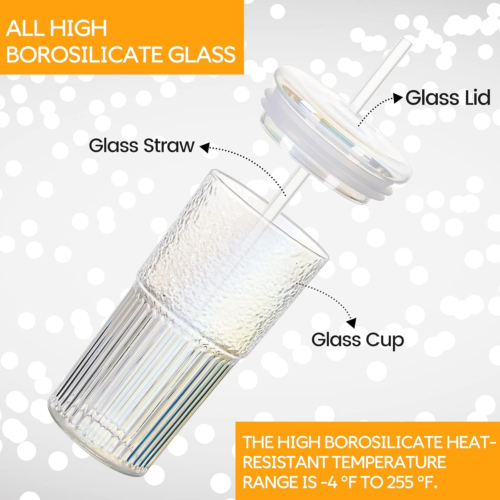 Colorful High Borosilicate Glass Cups with Lids and Glass Straws,20 OZ Rainbow I - Picture 2 of 12
