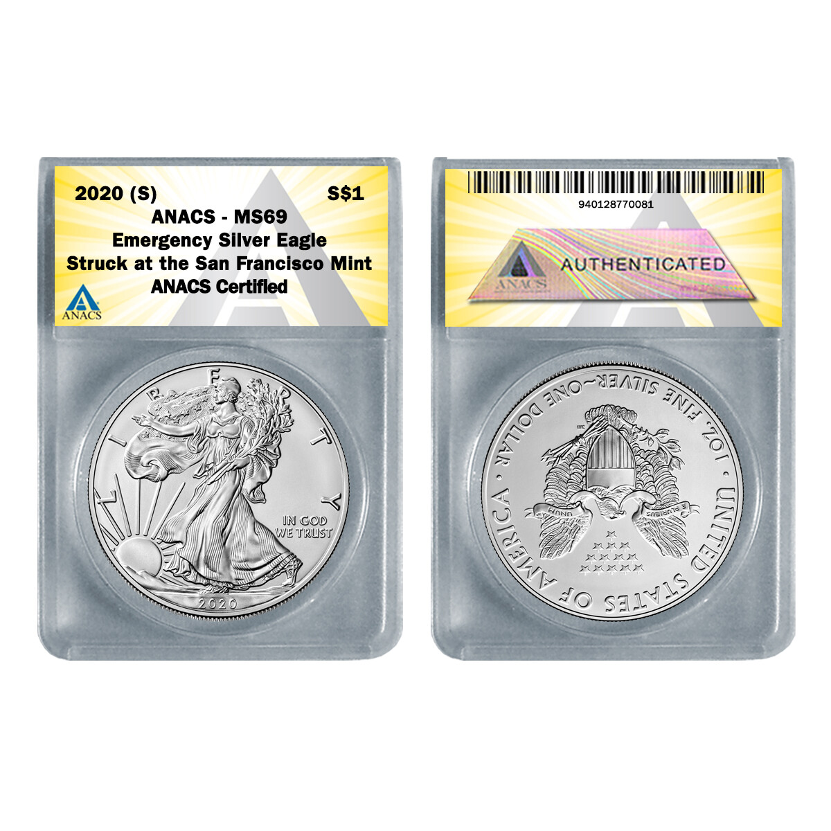 イーグル銀貨-type2 2020PCGS MS69 Silver Eagle 2020 (S) American Silver Eagle MS69 - Emergency ASE