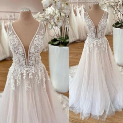 Brautkleid Hochzeitskleid Spitze Aufkleber V-Ausschnitt Maßgeschneidert 36 38 40 - Bild 1 von 4
