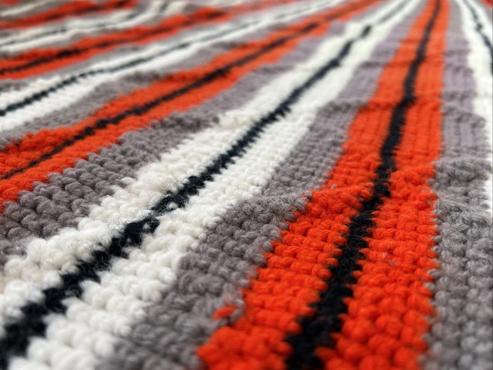 VINTAGE Blanket Throw 50” x 66” Handmade Orange Black Gray Fringe Stripe Diamond - Image 2 of 4