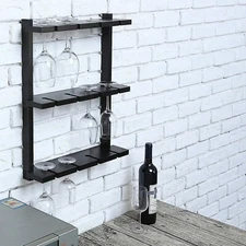 Black Wood Wall-Mounted 12 Wine Glass Holder Rack, Wine Glasses Storage Hanger