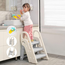 Adjustable 3-Step Foldable Stool for Kids - Bathroom  Kitchen Helper Grey
