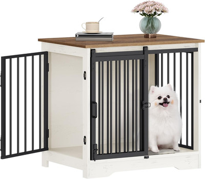 27.2'' Dog Crate Furniture with Barn Door, Heavy Duty Dog Kennel Indoor with 2 Do
