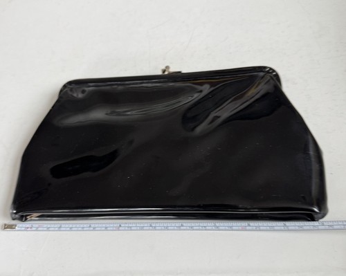 Vintage Paris Style patent leather clutch Snaps On Top Zips On Bottom Black - Picture 1 of 7