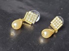 Vintage Goldtone Rhinestone Earrings With Teardrop Faux Pearls — photo 2
