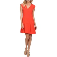 Rebecca Taylor Red Orange V-Neck Pleated Hem Cap Sleeve Shift Dress Size 8