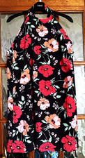 BNWT Ladies BOOHOO Bright MULTI FLORAL Print HIGH NECK Jet BLACK SWING Dress 12