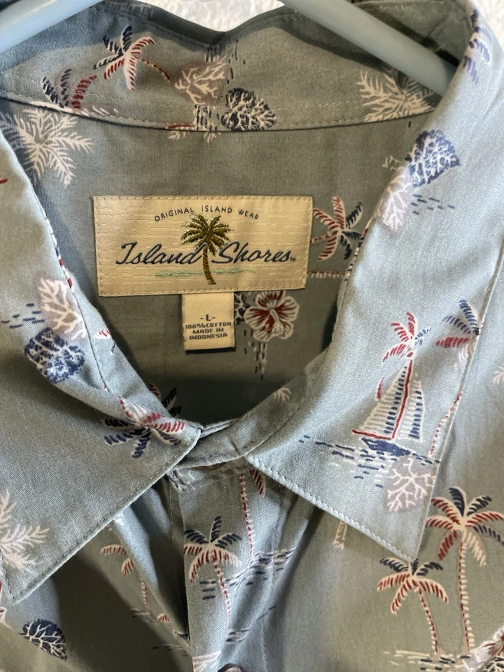 Camisa Hawaiana Island Shores Para Hombre L Verde Barco Palmeras Piña De Colección Foto 2 de 4