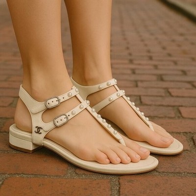 CHANEL Lambskin Leather Off-White Faux pearls Strap Thong Sandals CC COCO 41