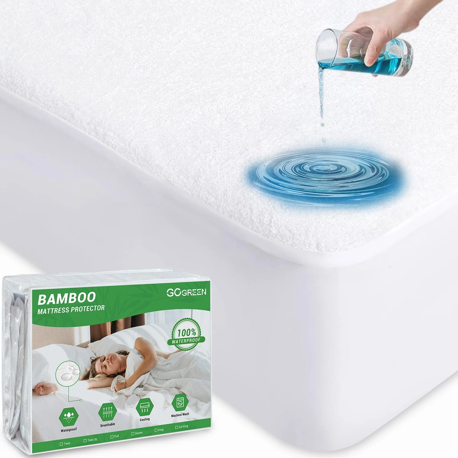 Bamboo Rayon Waterproof Mattress Protector, Stretchable Twin Fit up to 16", S...