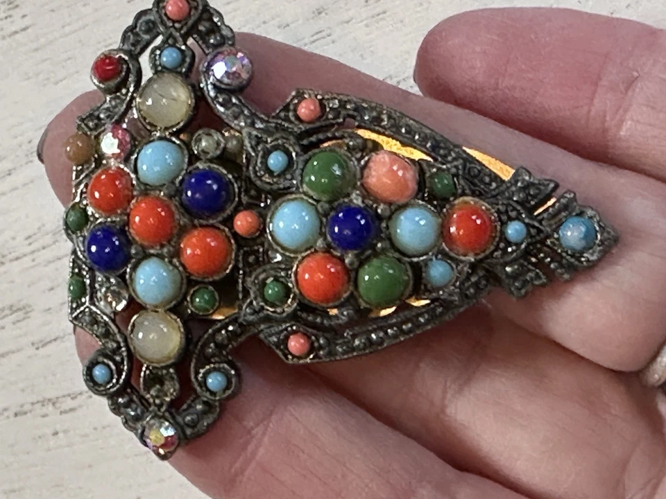 Antiguo clip de piel/bufanda de vidrio multicolor floral Art Deco Foto 3 de 3