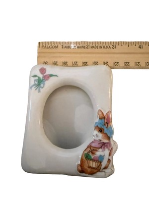 Vintage Porcelain Bunny Rabbit Photo Frame 5'' Made in Japan 90s Easter Nursery