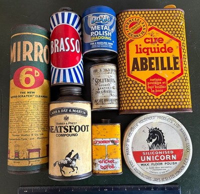 Vintage leere Politur Reinigungsdosen Mirro Brasso Duzzit Einhorn Solitär Abeille