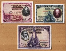 Spanish banknotes 1928  25, 50 and 100 pesetas ,  P74,P 75 ,P 76, see scan.