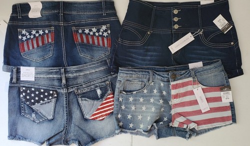 Nwt Rue21 Junior's Jeans Shorts Lot 4th Of July 9/10 American Flag Stars USA