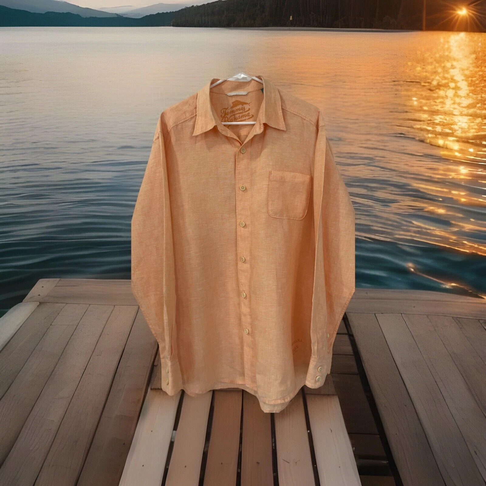 Tommy Bahama Large 100% Linen Button Up Long Sleeve Shirt Peach Orange