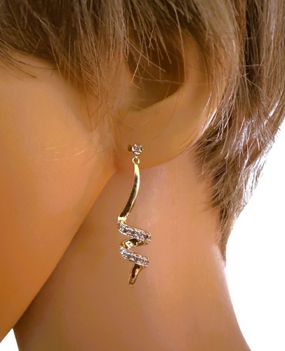 10K Yellow Gold and Diamond Swirl Dangle Post Earrings With 14k Backs - Picture 3 of 8