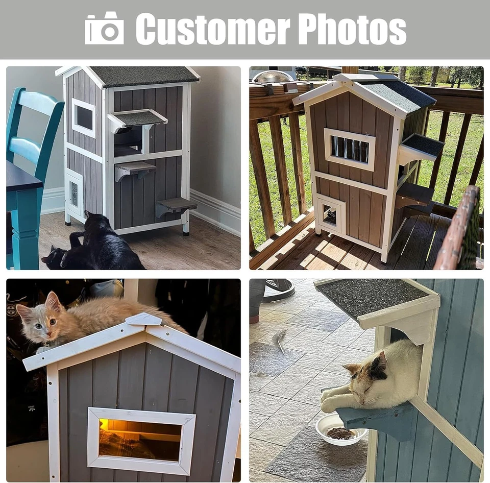 PetsCosset Outdoor Cat Shelter Two Story Wooden Cat House with Roof,Grey - Image 3 of 4