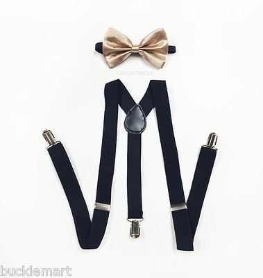 Schwarze SUSPENDERS Und Champagner Gold BOWTIE KOMBO-SET Unisex Verstellbar