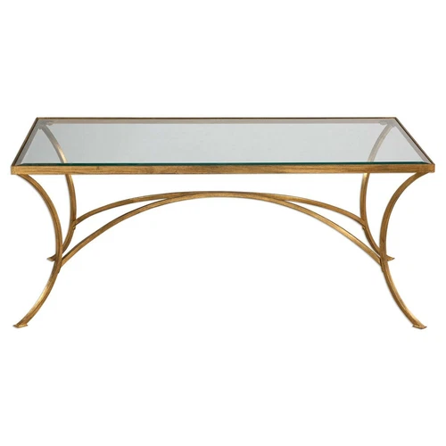 ALAYNA AGED GOLD LEAF METAL COFFEE COCKTAIL TABLE TEMPERED GLASS TOP 24639 - Picture 4 of 5
