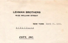 1925 Lehman Brothers COTY INC Letter About  Stock Share Prices NEW YORK CITY