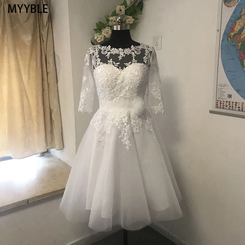 A-line Short Wedding Dresses Half Sleeves Lace Applique Beach Gown Plus Size - Image 2 of 4