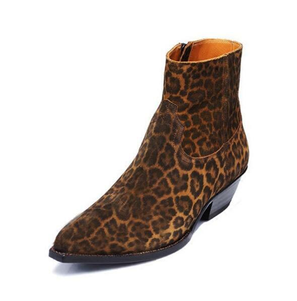 Occident Mens Real Leather Leopard Chelsea Runway Boots Shoes