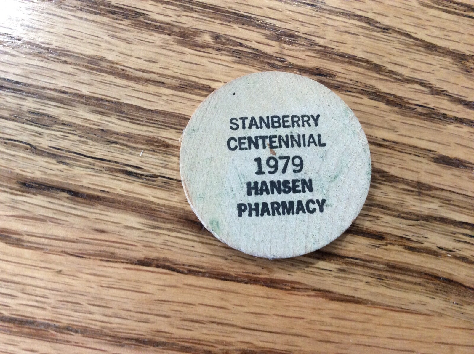 1979 Stanberry Missouri Centennial Hansen Pharmacy Wooden Nickel Black