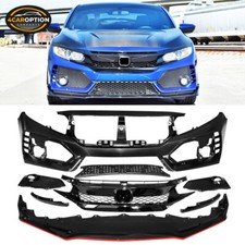 Fits 16-21 Civic Type R Style Front Bumper Cover Gloss Black Grille Lip Pp