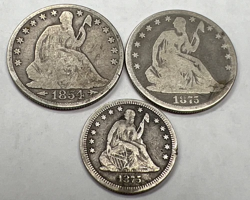 2 Seated Silver Liberty Half Dollars 1854-O Arrows &  1875 +Plus 1875 Quarter
