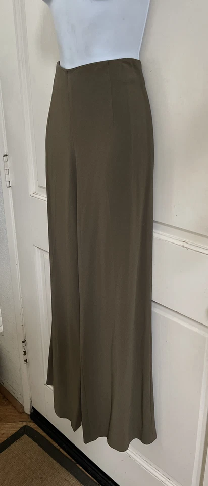 Pantalones LA PERLA Caqui Verde Crepé Viscosa Tiro Alto Cremallera Lateral Pierna Ancha Talla IT 42 Foto 4 de 4