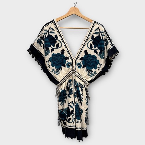 Vestido FARM RIO Azulejos Tropicales Floral Mezcla de Lino Mini Línea A Talla Mediana - Imagen 9 de 16