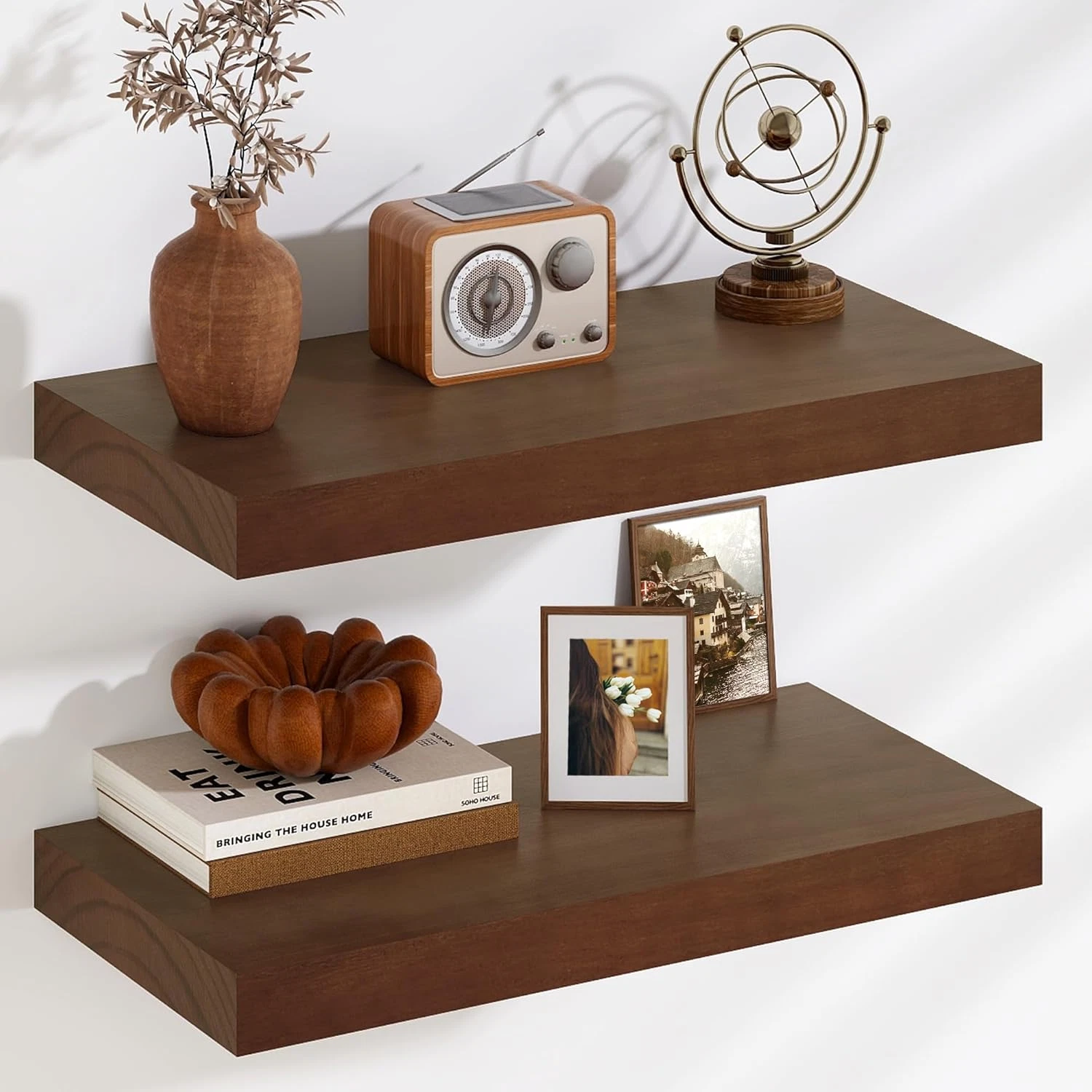 Walnut Floating Shelves Set of 2, 24'' Solid Pine Wood Wall Mounted Shelf
