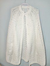 Vintage Crochet Poncho Cape Shawl Boho Hippie Grandma Cottage Fringe Scalloped