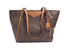 Michael Kors Whitney Large Tote Bag Brown Signature Print Tan Leather Accents