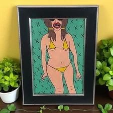 Original painting Beach Babe #1 Bikini Ooak Framed Acrylic Weird Art Woman