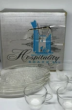 VTG 1950s Federal Glass “Hospitality” Snack Set – 4 Clear Glass Plates & 4 Cups