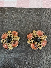 Vintage MUSI Gold Tone Pink Black Cabochon Shoe Clips Pat. 3460211 Pair