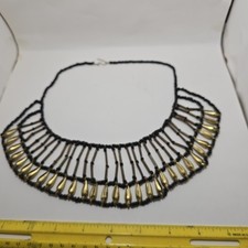 Tribal Statement Bib Necklace Black Wood Beads Gold Tone Drops Ethnic Boho...