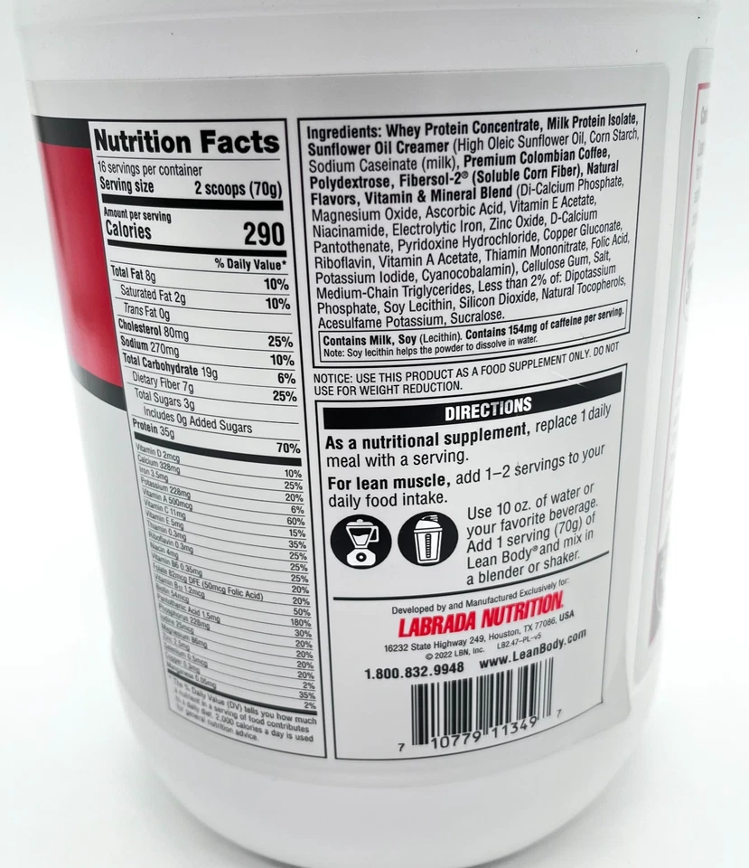 Shake Power Latte Labrada Lean Body Hi-Energy substituição de refeição 2,47 lb - Imagem 3 de 4