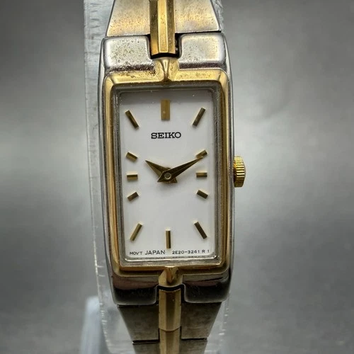 Seiko Watch Women 13mm White Dial Two Tone Rectangle 2E20-7479 New Battery JGPT