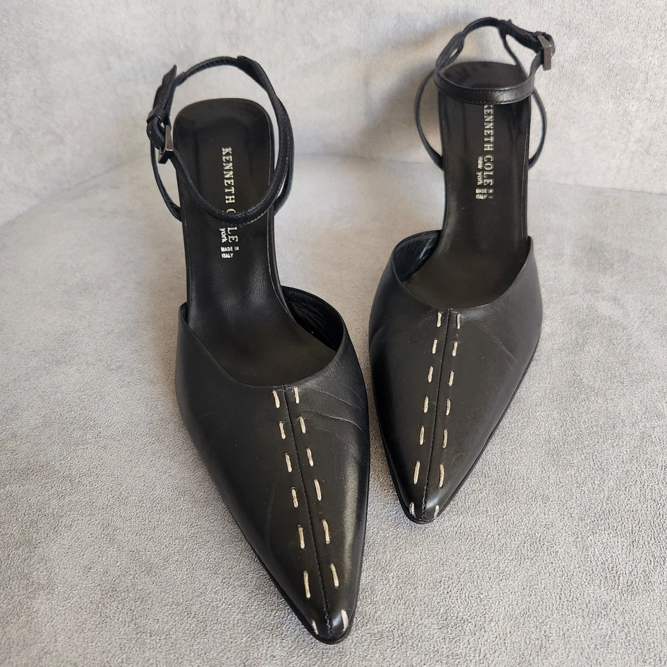 Kenneth Cole Bombas 8 Cuero Negro Punta Punta Tacones Eslinga Y2K Whimsigoth Foto 2 de 4